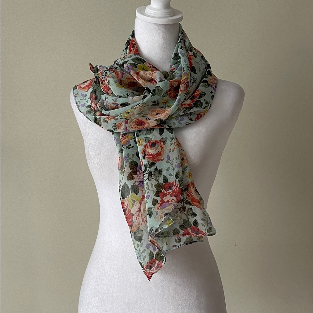 Haute Hijab Green and Peach Floral Print Square Scarf EUC